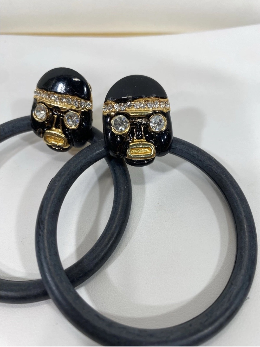 Vtg Black & Gold Hoop Earrings Black Enamel Rhinestone Face Mask Clip On Dangle